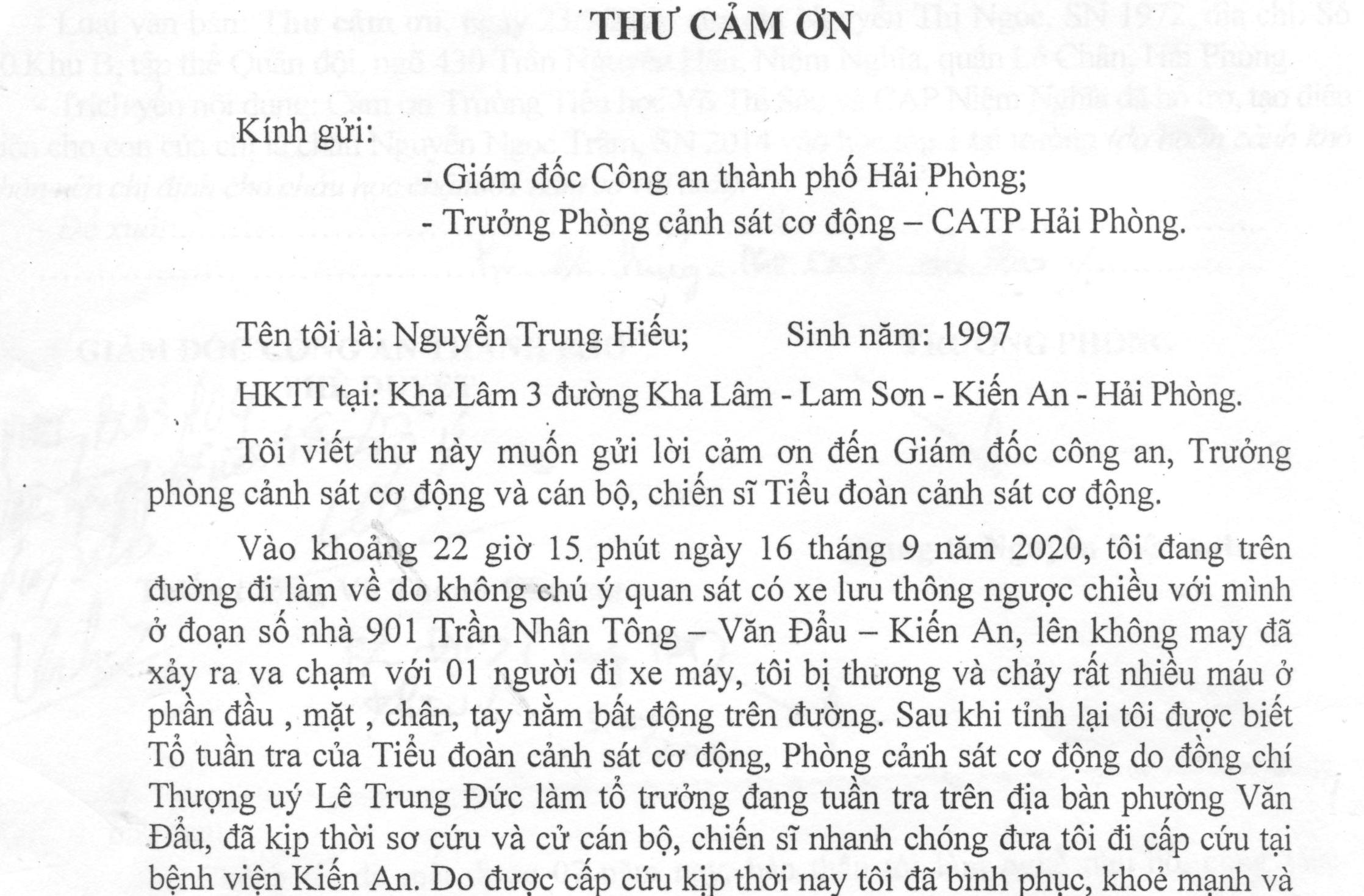 Anh Nguyễn Trung Hiếu (Kiến An, Hải Phòng) gửi cảm ơn Giám đốc Công an thành phố và Trưởng Phòng Cảnh sát cơ động đã kịp thời đưa anh đi cấp cứu